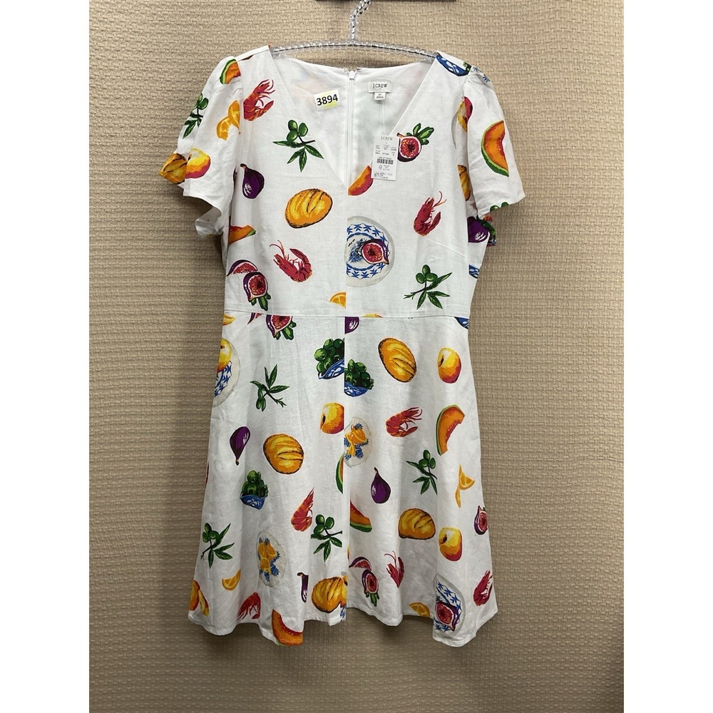 J. Crew Fruits Printed Linen Blend Flutter Sleeve Mini Dress Sz 12 White V-Neck